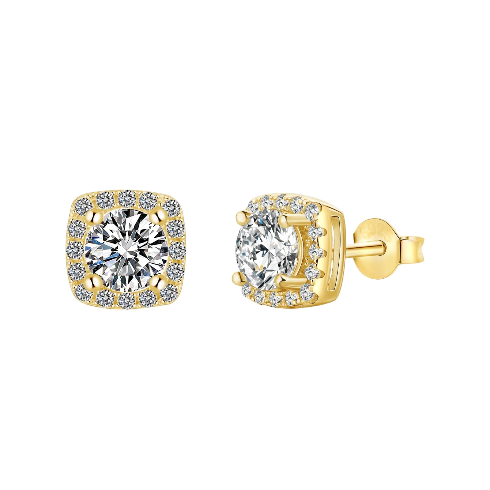 A pair of mini square studs with a round main stone in a gold setting.