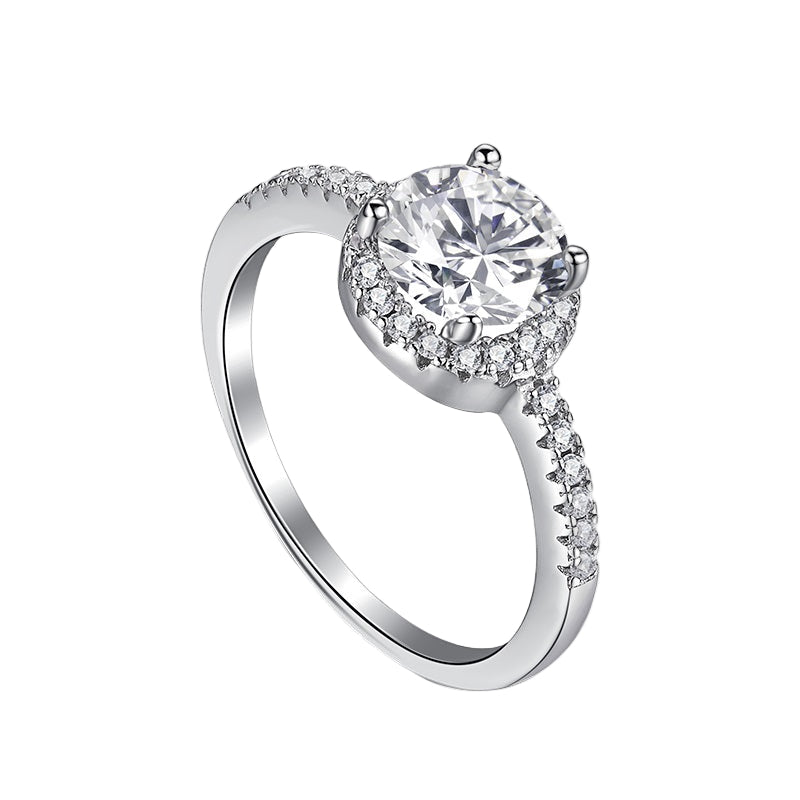 A sterling silver engagement ring with a central cubic zirconia stone surrounded by smaller clear stones, featuring a classic six-prong setting.