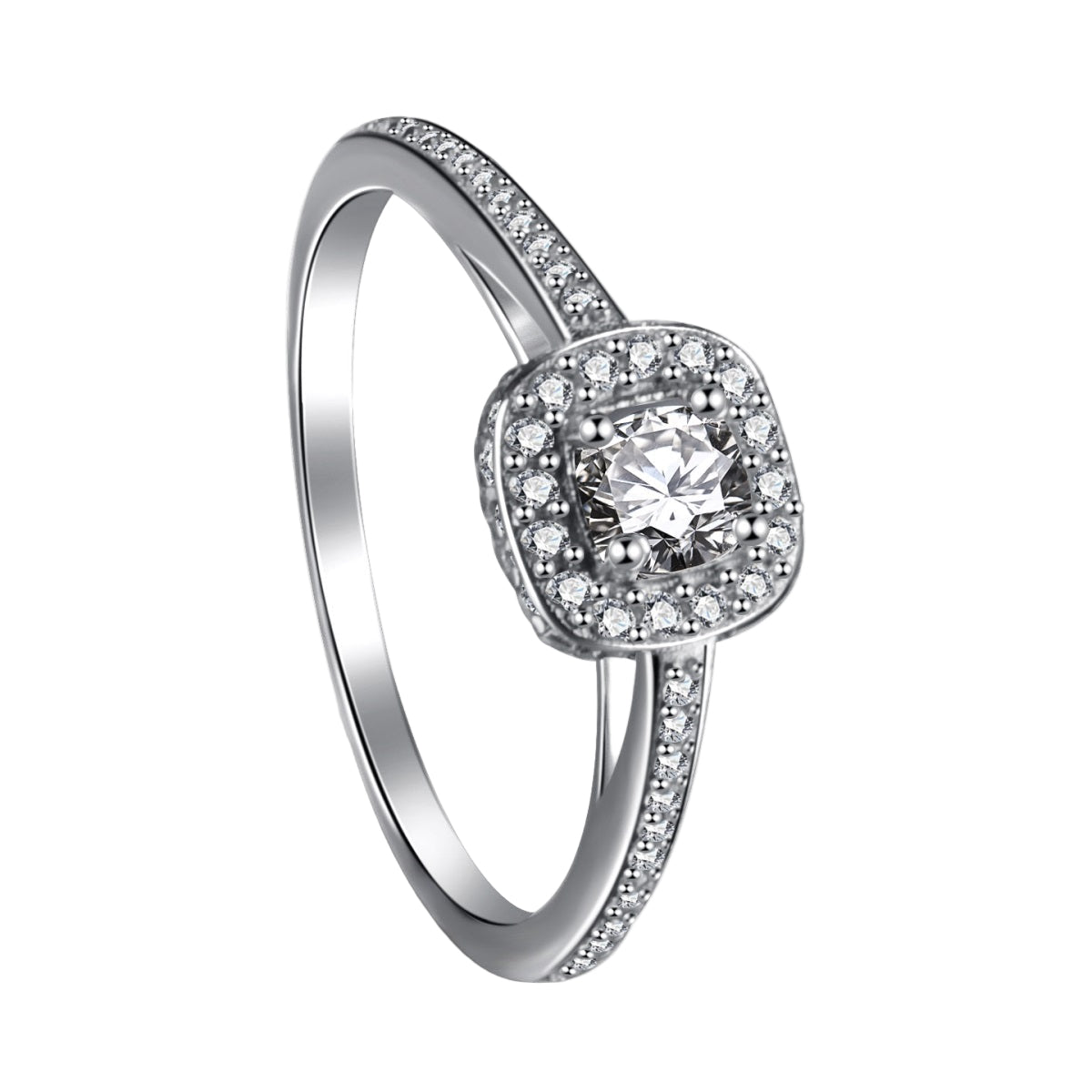 A silver square ring with a central cubic zirconia and surrounded by smaller clear stones on the band.
