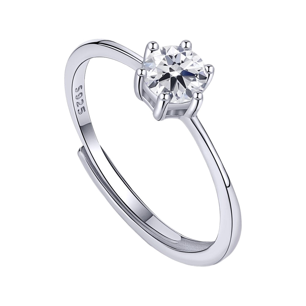 A silver-colored adjustable ring featuring a round 0.5 ct zirconia main stone set in a silver-colored band.