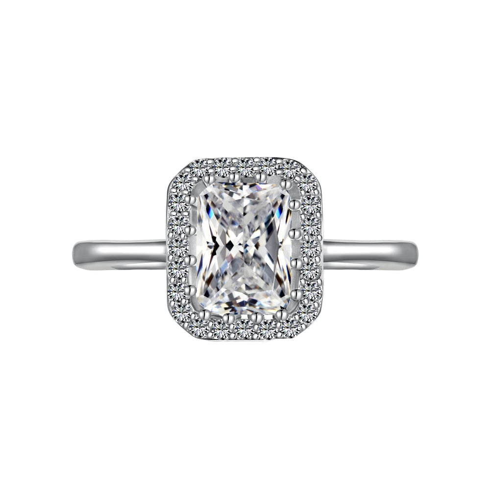 A radiant cut alia ring with a main stone size of 5mm*7mm, set in a white gold band.
