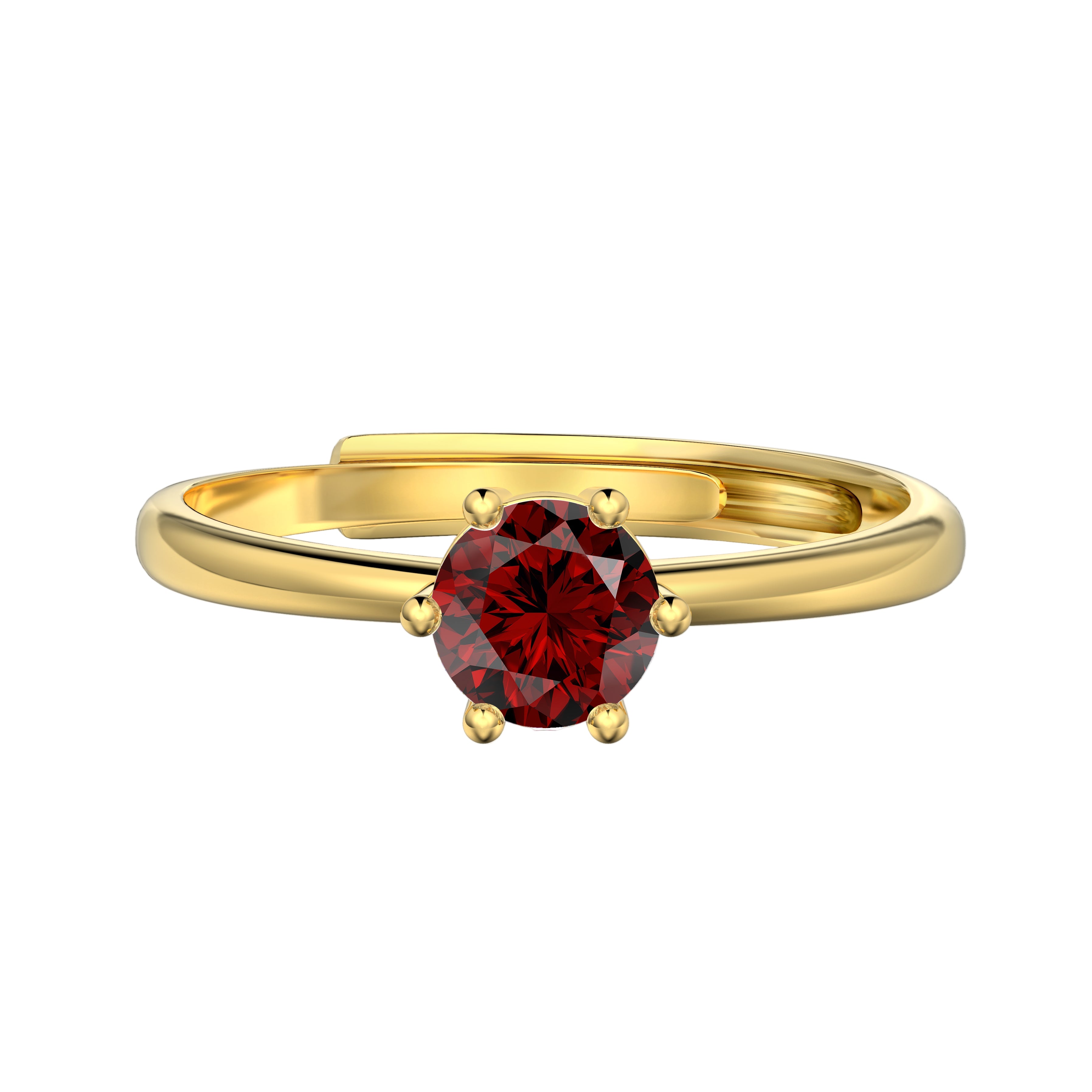 An adjustable ring with a round red birthstone set in a gold-colored band.