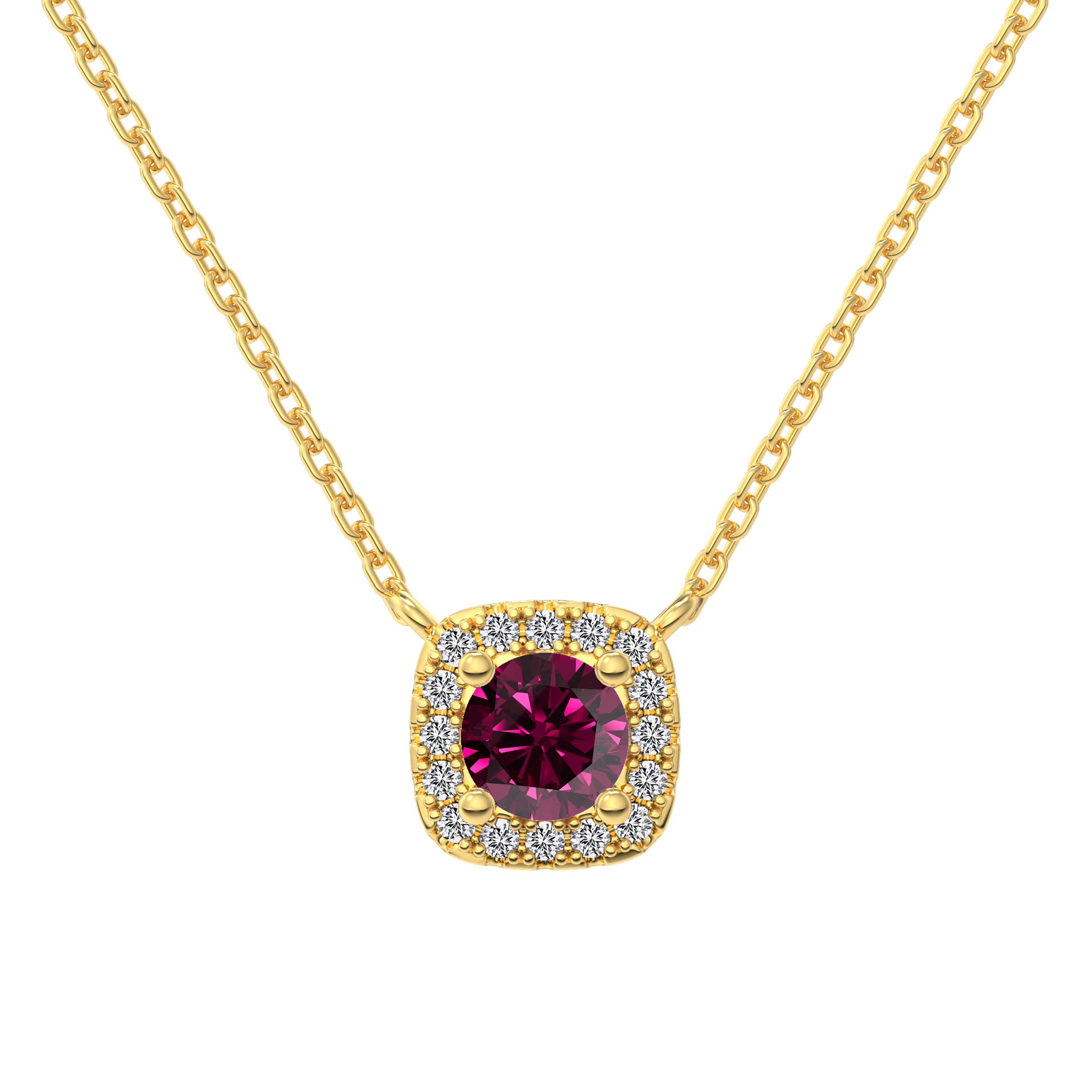 A cushion-cut dark pink diamond necklace with halo setting in a gold finish, displayed on a white background.