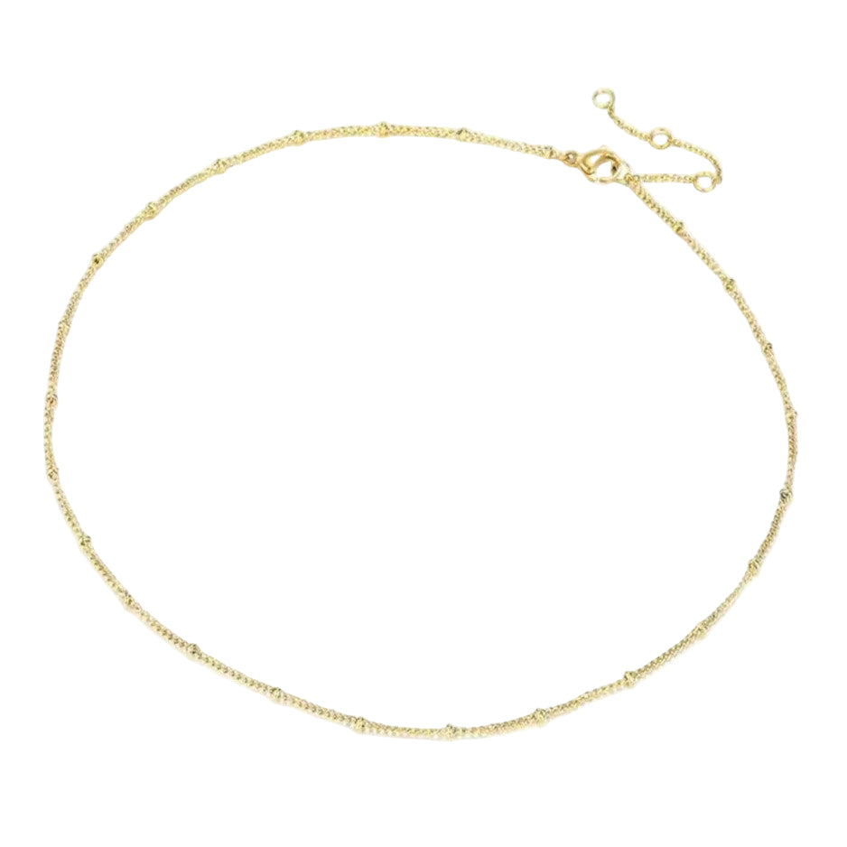 A 14K gold plated stainless steel chain necklace with a length of 38 + 5cm, displaying a radiant gold finish.