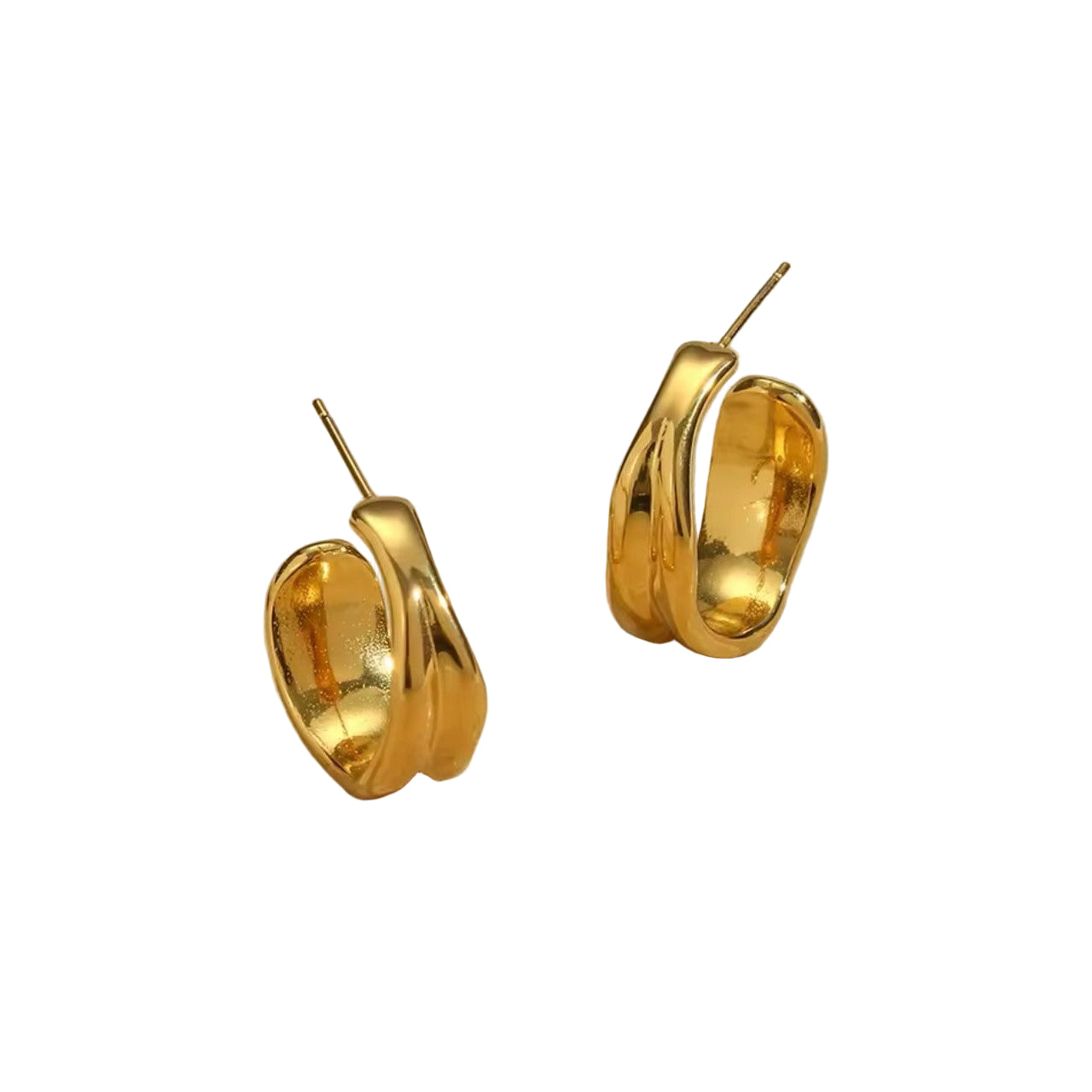 A pair of 18K gold plated stainless steel loop hoop earrings displayed on a beige surface.