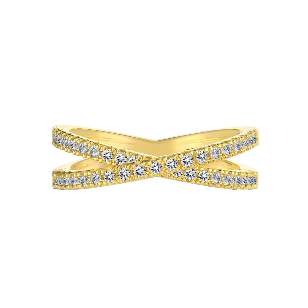 Gold ring with diamond accents on a white background