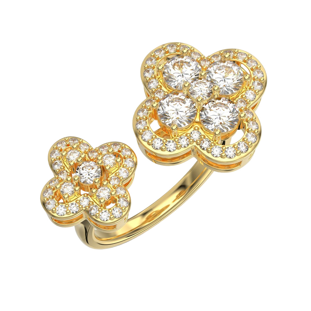 Gold ring with diamond-studded clover designs on a white background