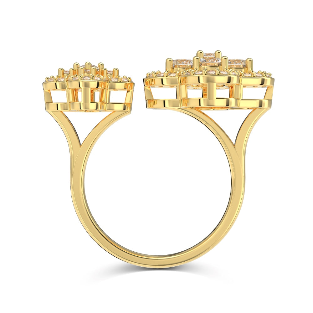 Gold ring with diamond accents on a white background
