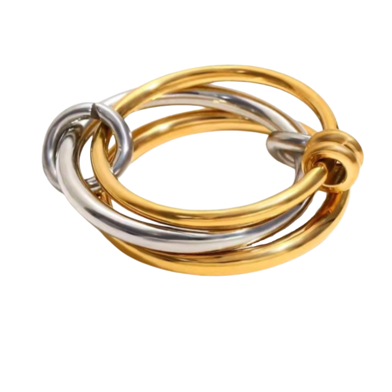 A ring with set of three interlocking rings with gold and silver colors, crafted from 18K gold plated stainless steel.
