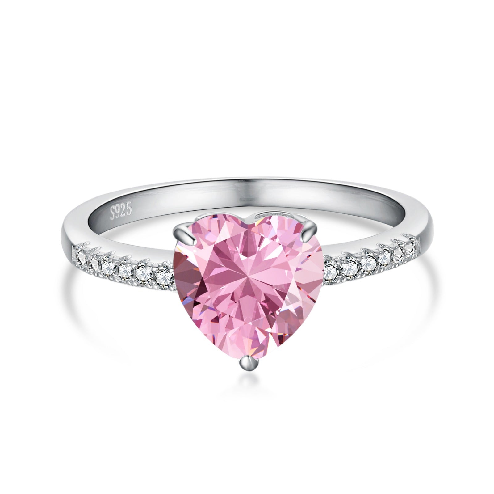 A heart-shaped 5A CZ silver ring with big pink and small white stones on the band, displayed against a white background.