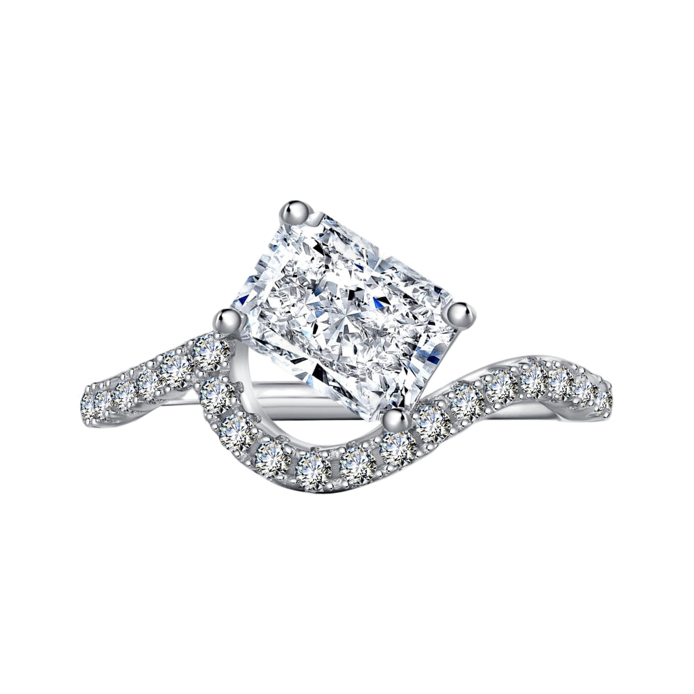 A sterling silver ring featuring a main stone of 6mm*8mm size, shaped as a rectangle and set with smaller round diamonds.