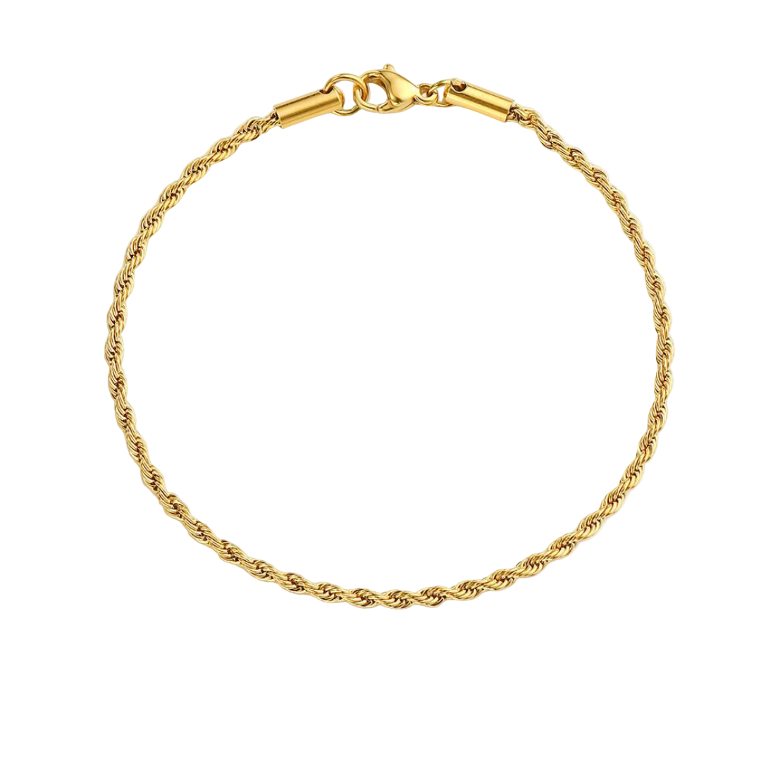 A gold twisted rope chain bracelet made of stainless steel with a clasp closure.