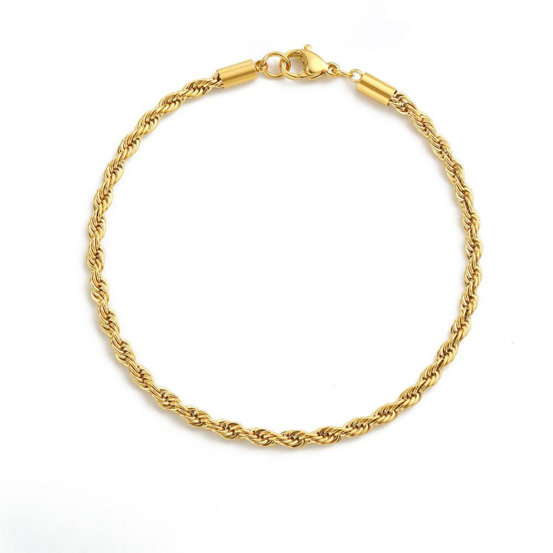 A gold twisted rope chain bracelet made of stainless steel with a clasp closure.