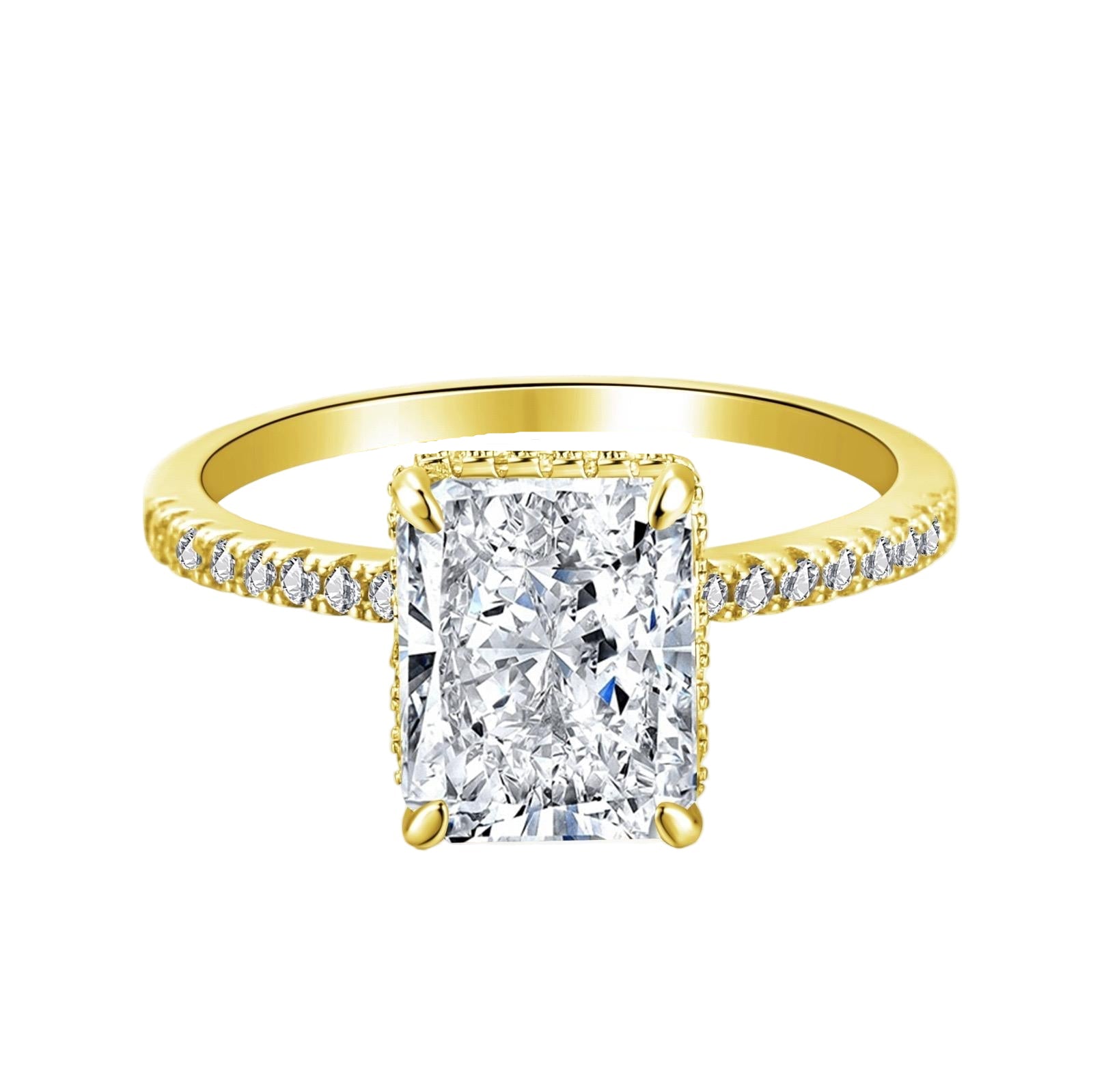 A gold-colored band engagement ring featuring a large rectangle-shaped central stone with smaller stones around it