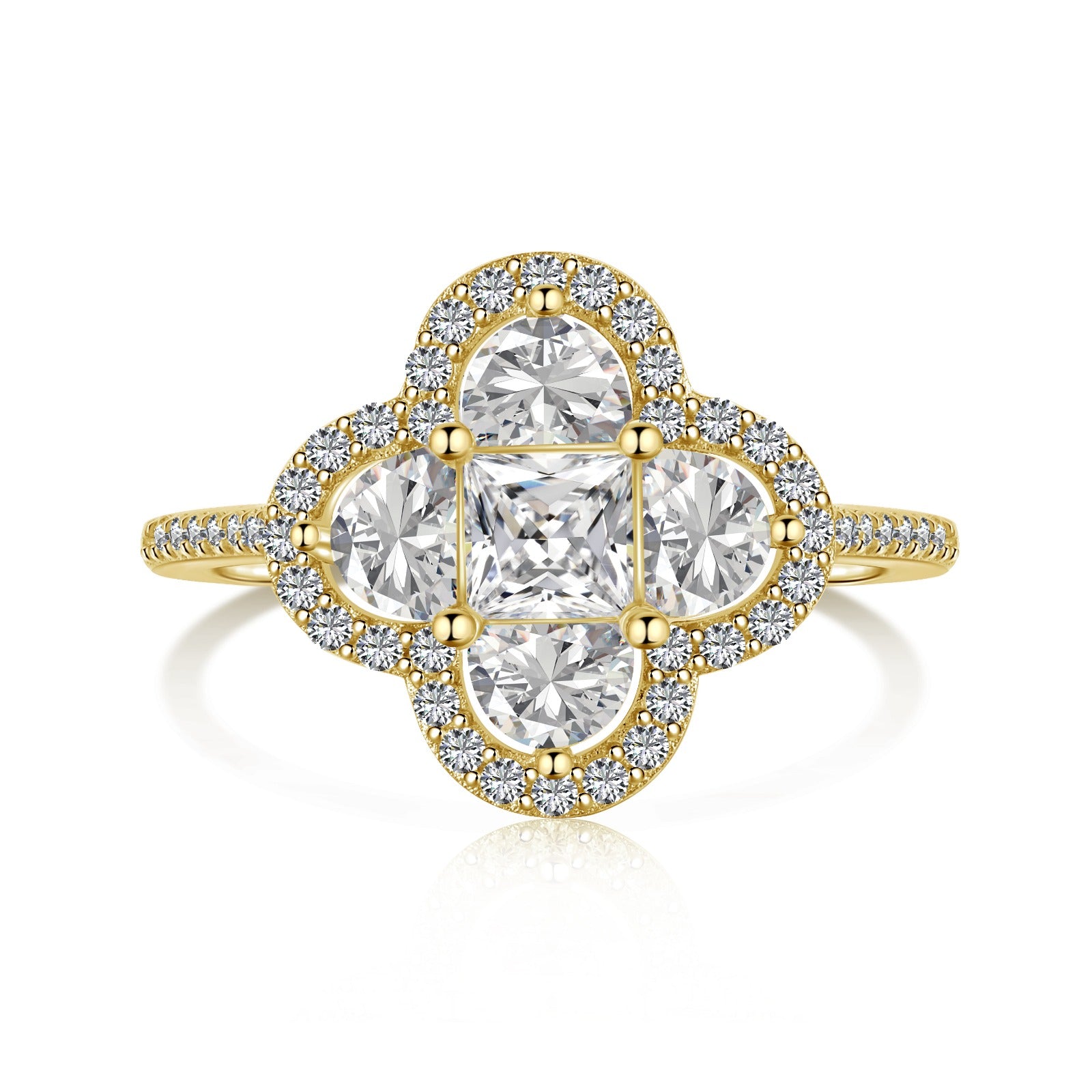 A gold clover-shaped ring with multiple clear gemstones with a rhodium plating.