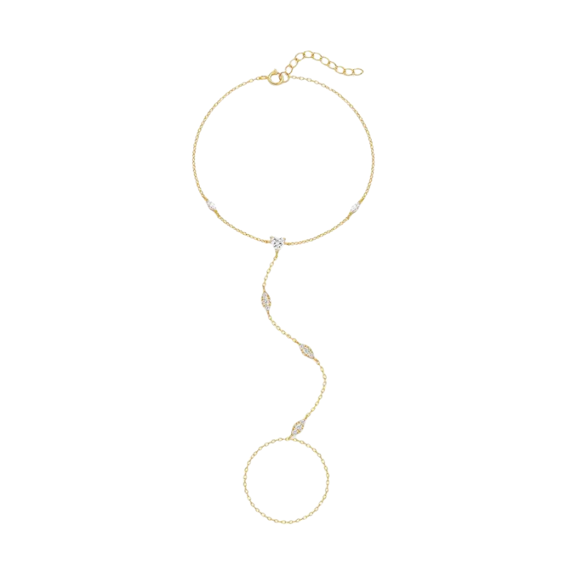 Gold hand chain bracelet with white gemstones on a white background