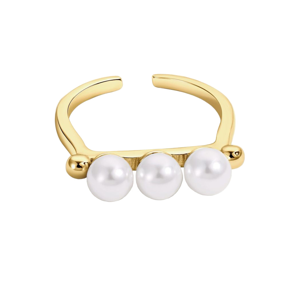 An adjustable ring with 925 sterling silver band and gold plating, featuring three white shell pearls aligned in a row.