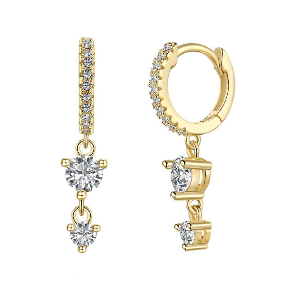 A pair of gold-plated hoop earrings with drop-shaped settings containing cubic zirconia stones.