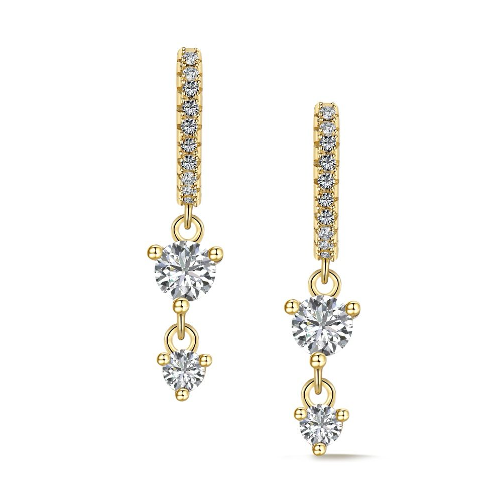 A pair of gold-plated hoop earrings with drop-shaped settings containing cubic zirconia stones.