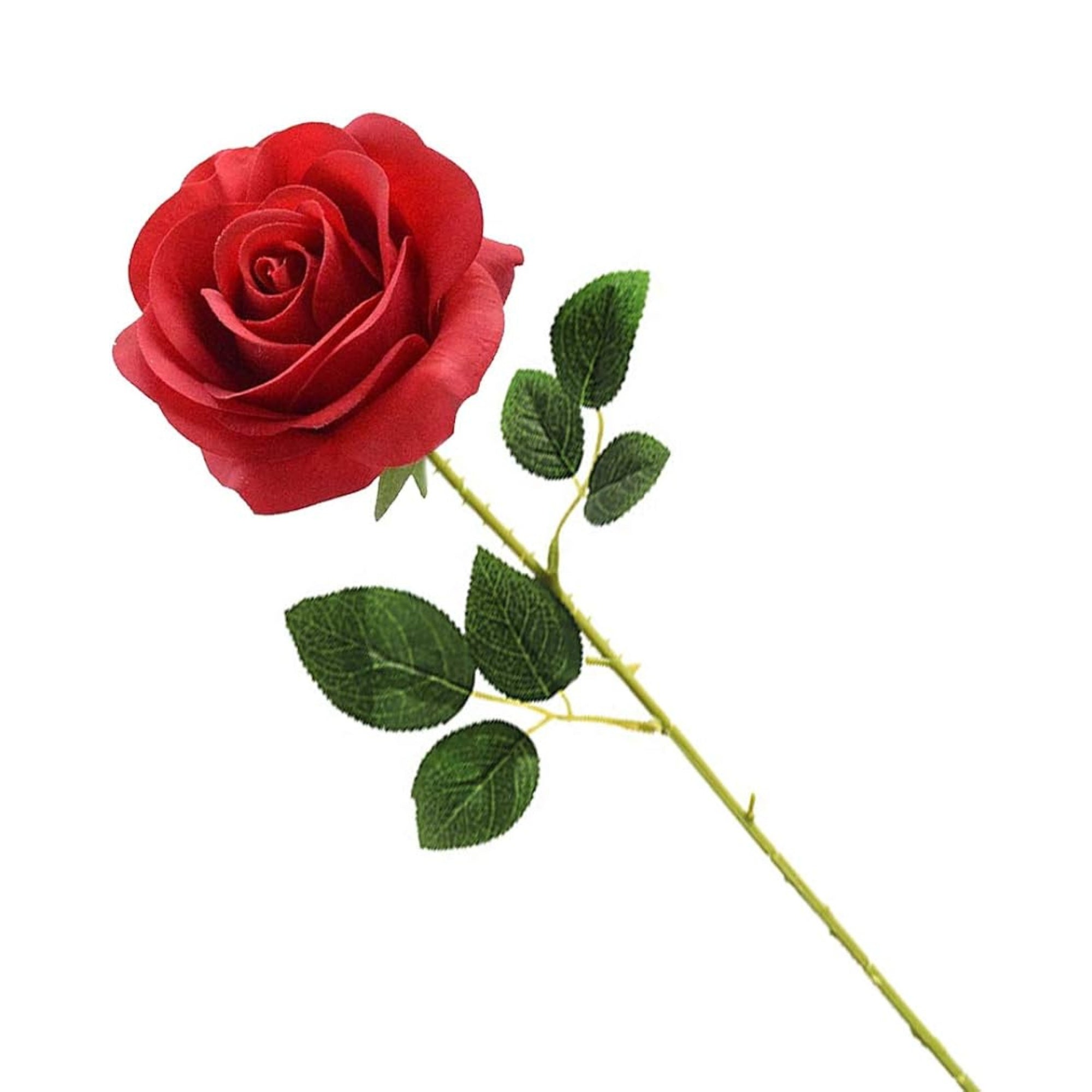 A single artificial red rose with green leaves on a stem, isolated on a white background.