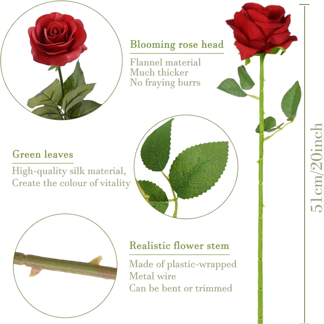 Artificial Red Roses Valentines Day High Quality with features displayed over a white background.