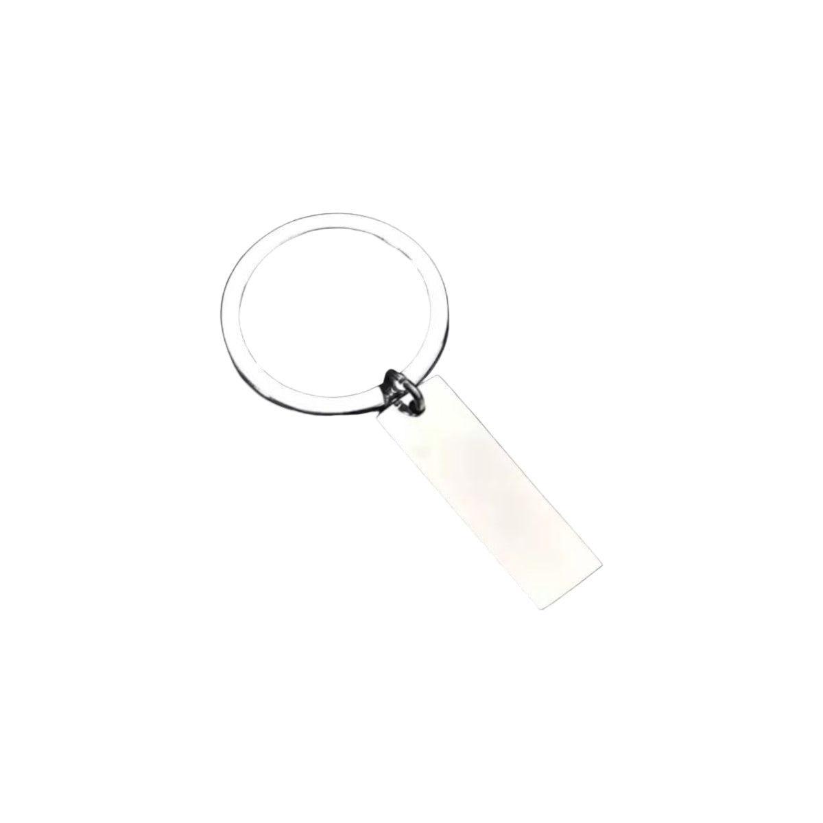 A silver stainless steel keyring with a customizable engraved tag, displayed against a black background.