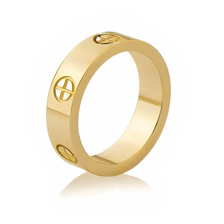 A gold-colored stainless steel ring with a plus design on white background.