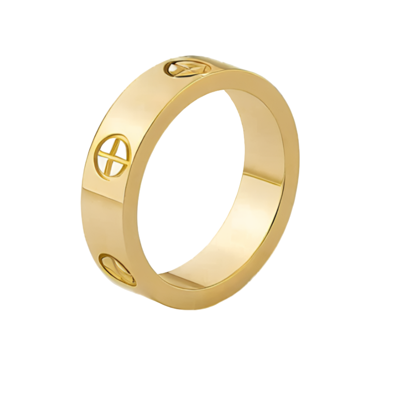 A gold-colored stainless steel ring with a plus design on white background.