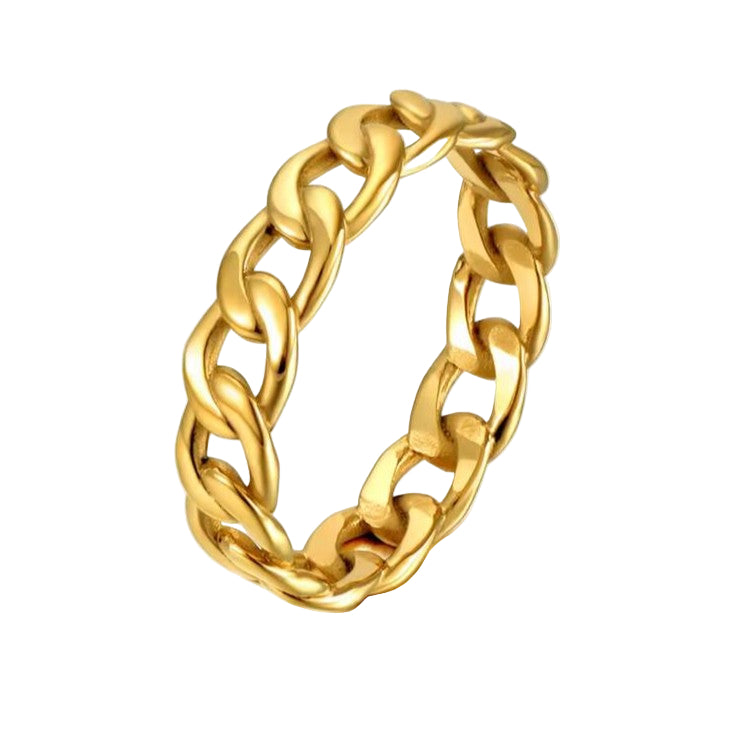 Chunky gold chain ring on a white background