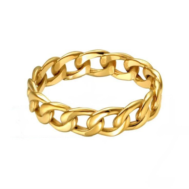 Chunky gold chain-style ring on a white background