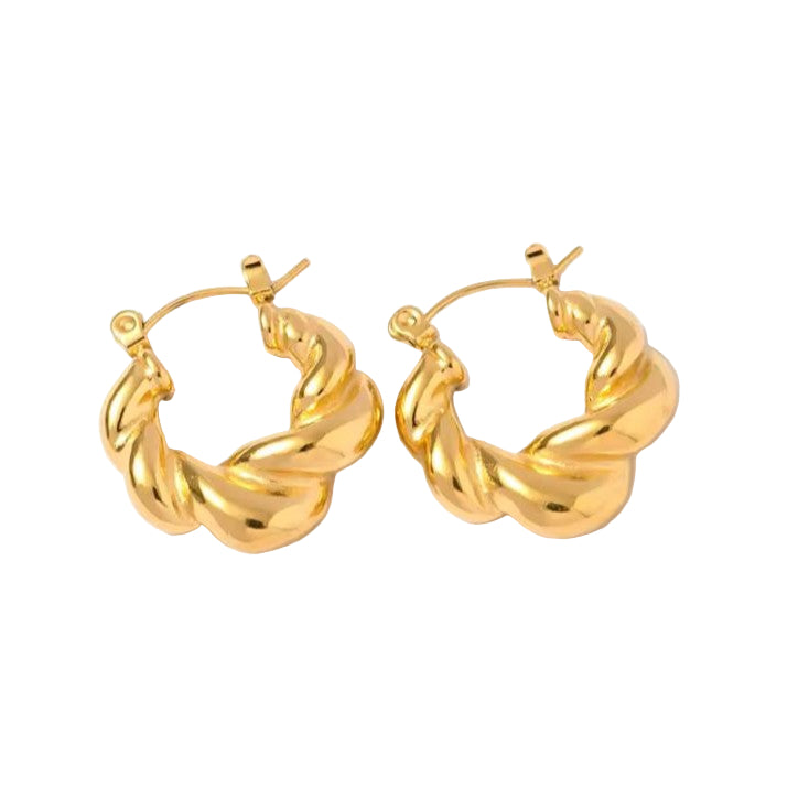 Pair of gold hoop earrings on a white background