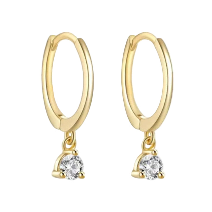Gold hoop earrings with small round gemstones on a white background