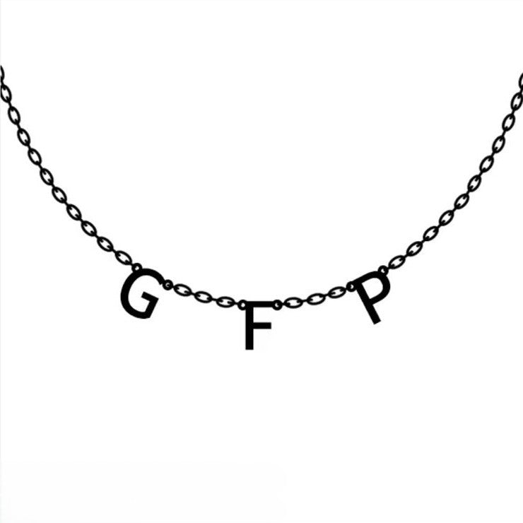 Necklace with 'GFP' letters on a white background