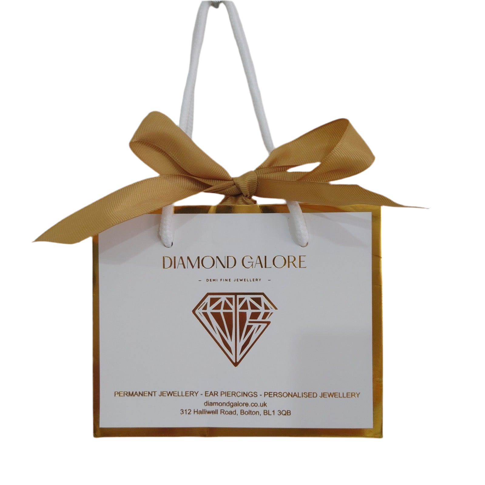 Gift bag with a gold ribbon and 'Diamond Galore' branding on a white background
