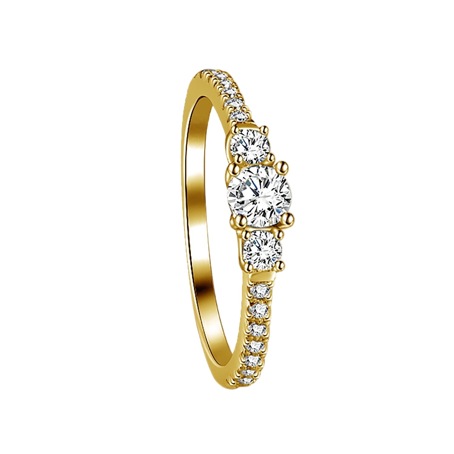 A dainty engagement ring featuring a central cubic zirconia stone with smaller stones on the band, set in a gold-tone mounting.