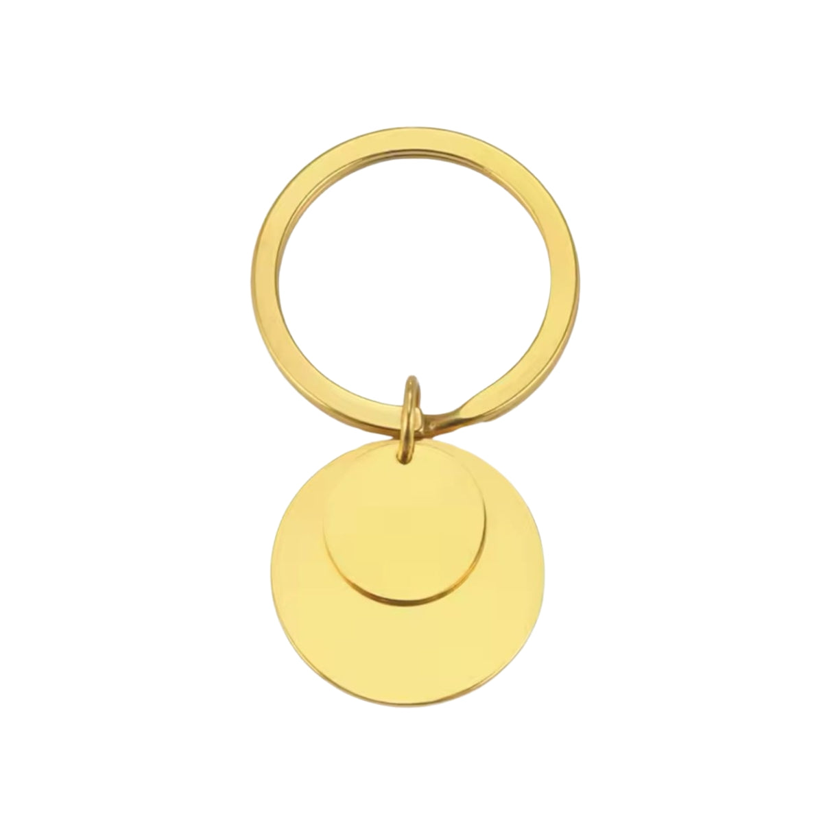 A round engravable charm attached to a keyring, in gold finish, displayed against a white background.