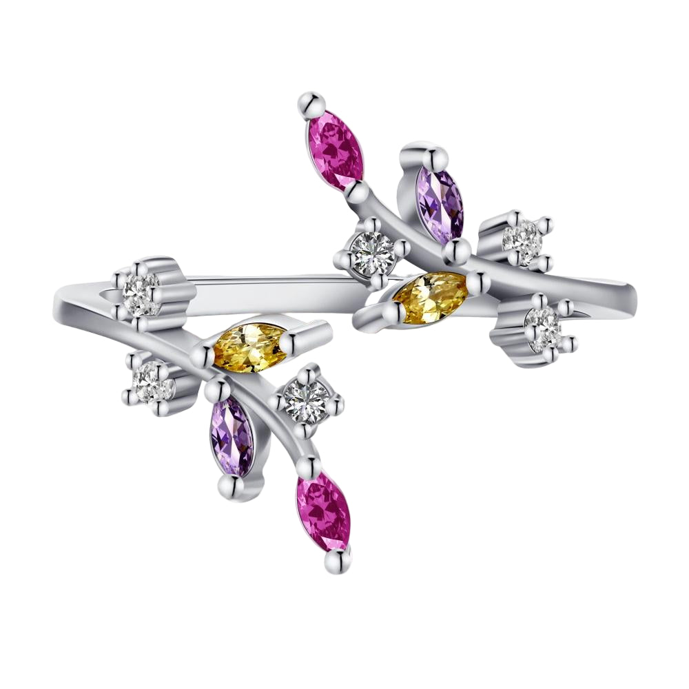 An adjustable silver ring featuring a floral design with multiple multicolored gemstones.