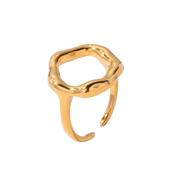 A gold metal hollow circle ring with an adjustable open design, displayed on a white background.