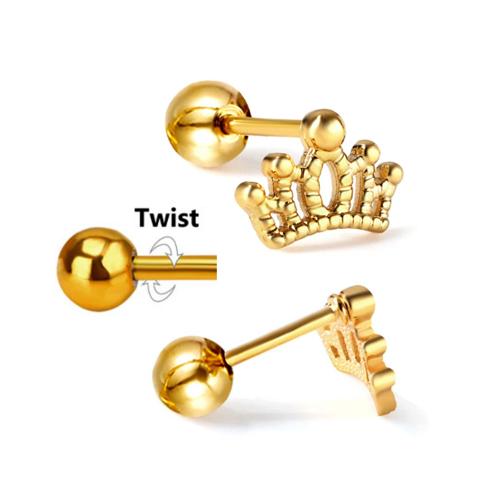 Gold Crown Flat Back Stud Earring with twist mode displayed on white