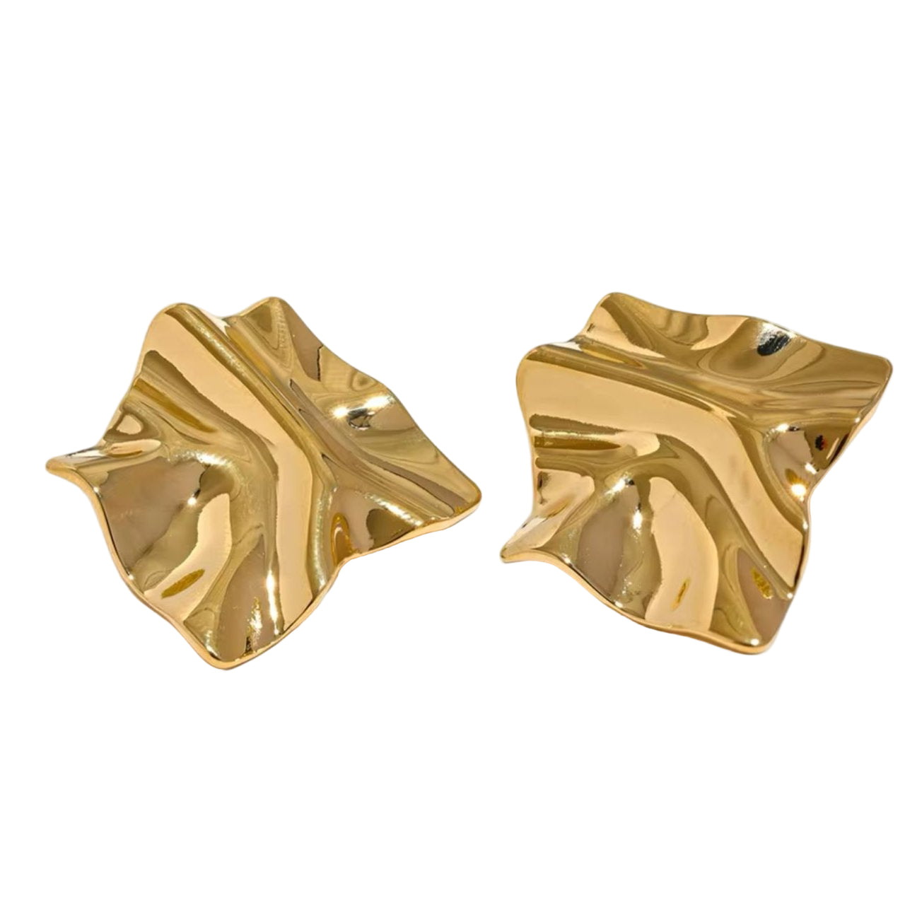 A pair of gold-colored textured earrings with a freeform ripple design.