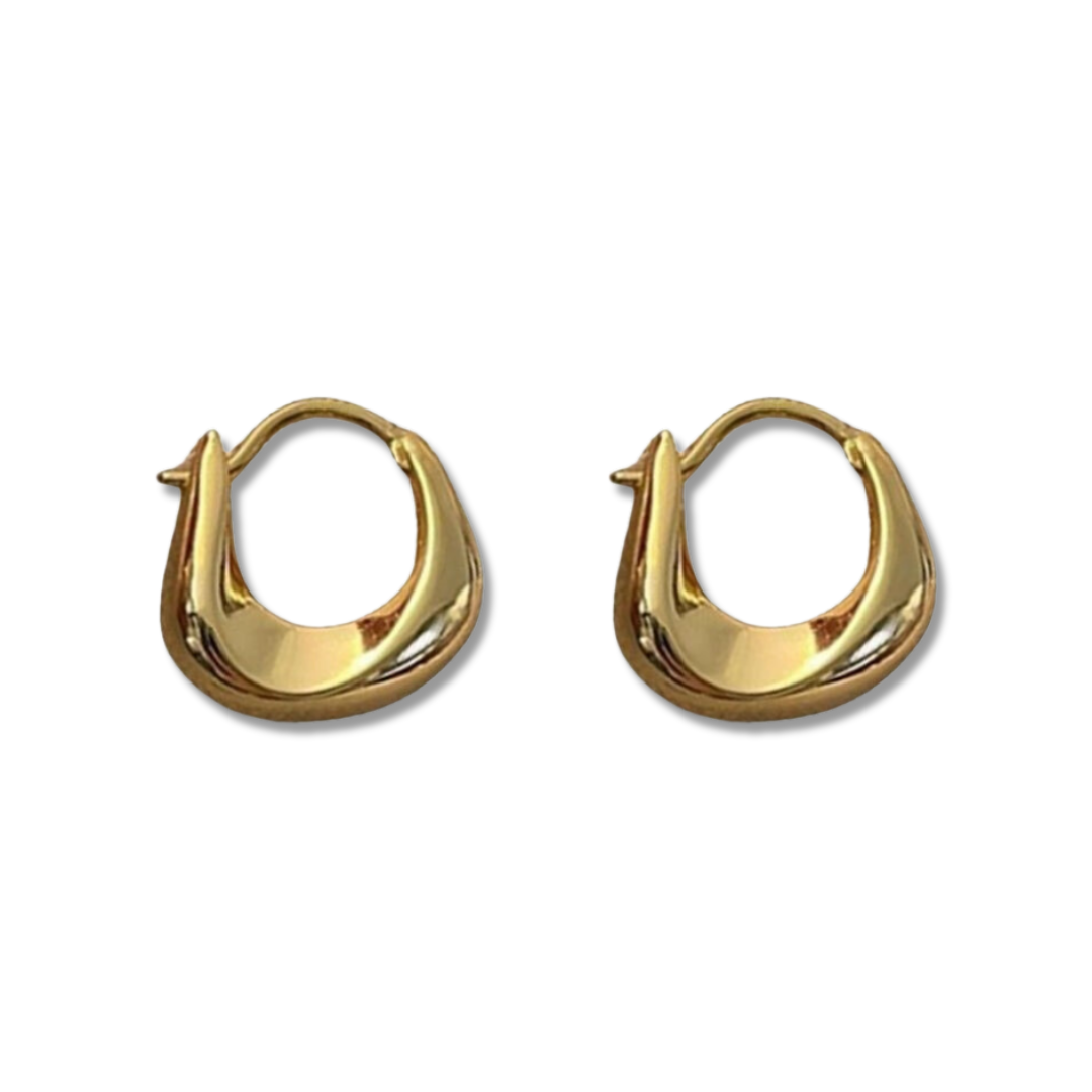A pair of gold-colored hoop earrings with a curved design, displayed against a white background.