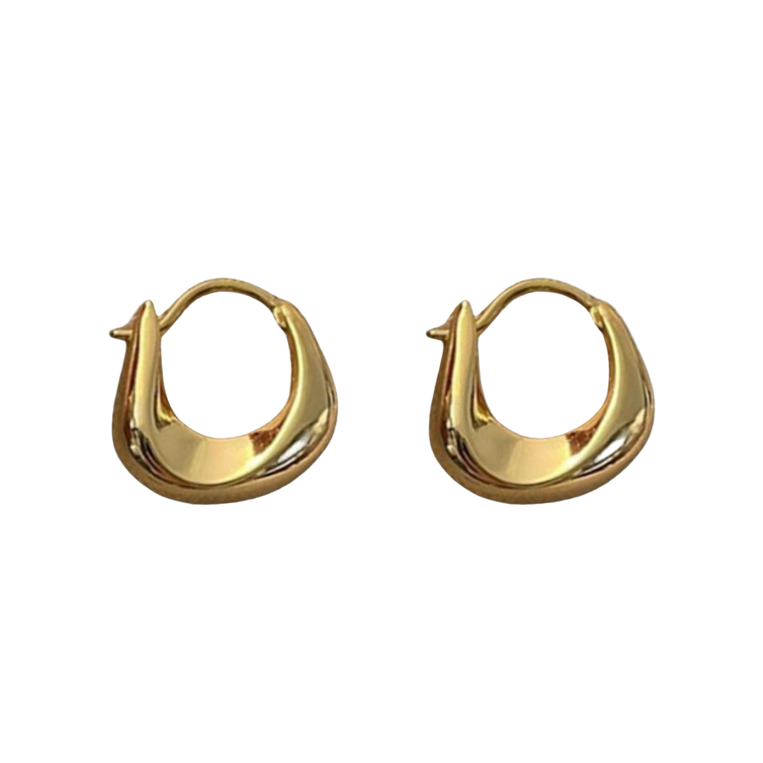 A pair of gold-colored hoop earrings with a curved design, displayed against a white background.