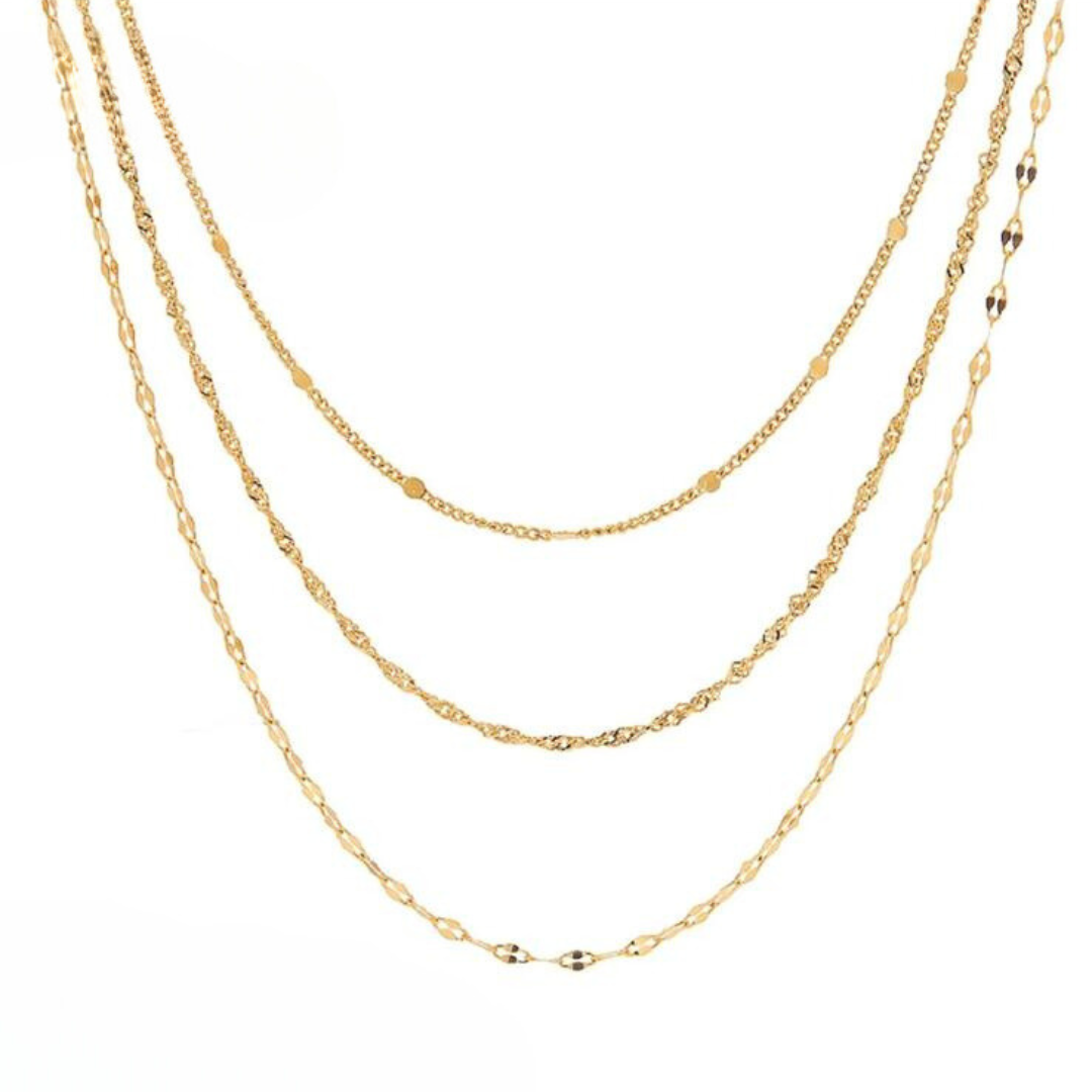A gold-colored, layered chain necklace with three rows of stainless steel links.