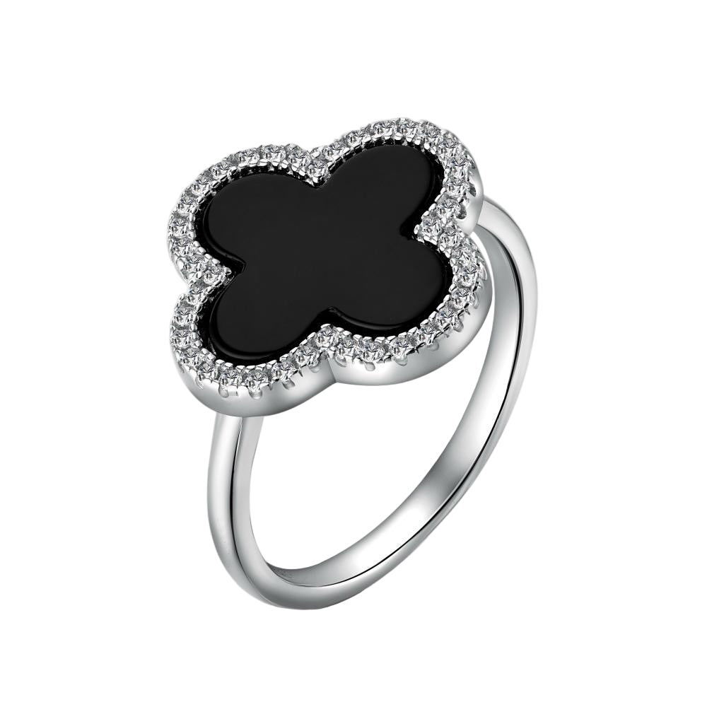 A clover-shaped ring with black shell accent, in 925 sterling silver with a rhodium plating, displayed against a white background.