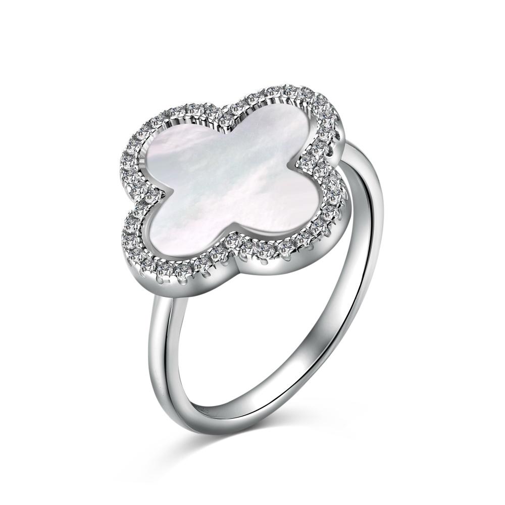 A clover-shaped ring with white shell accent, in 925 sterling silver with a rhodium plating, displayed against a white background.