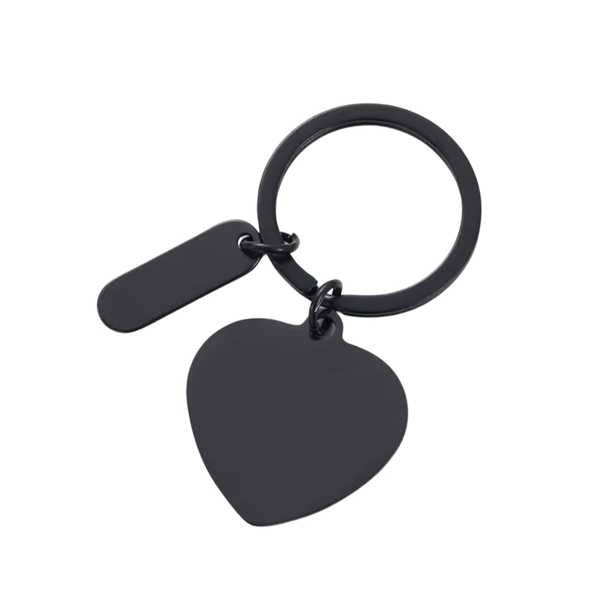 A black-colored stainless steel keyring with a heart-shaped charm and a bar pendant attached.