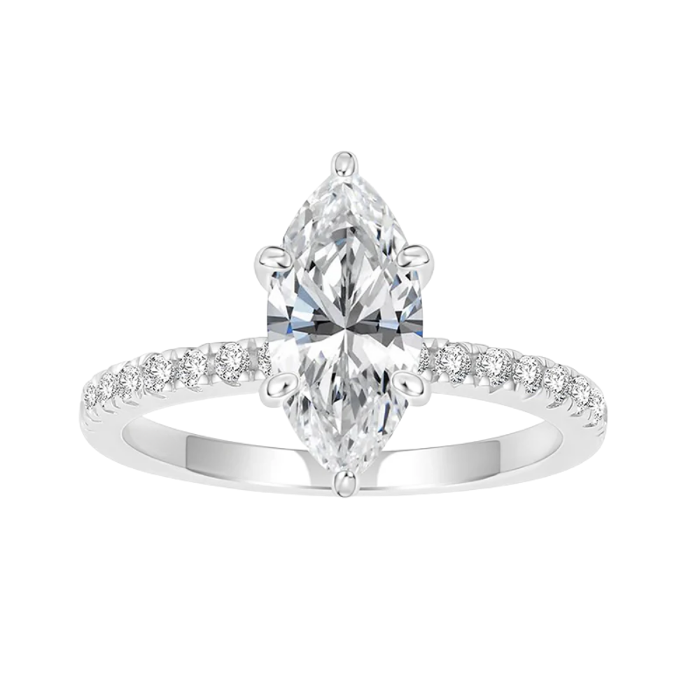 Silver color ring with a large marquise-shaped stone and smaller clear stones on the band against a white background