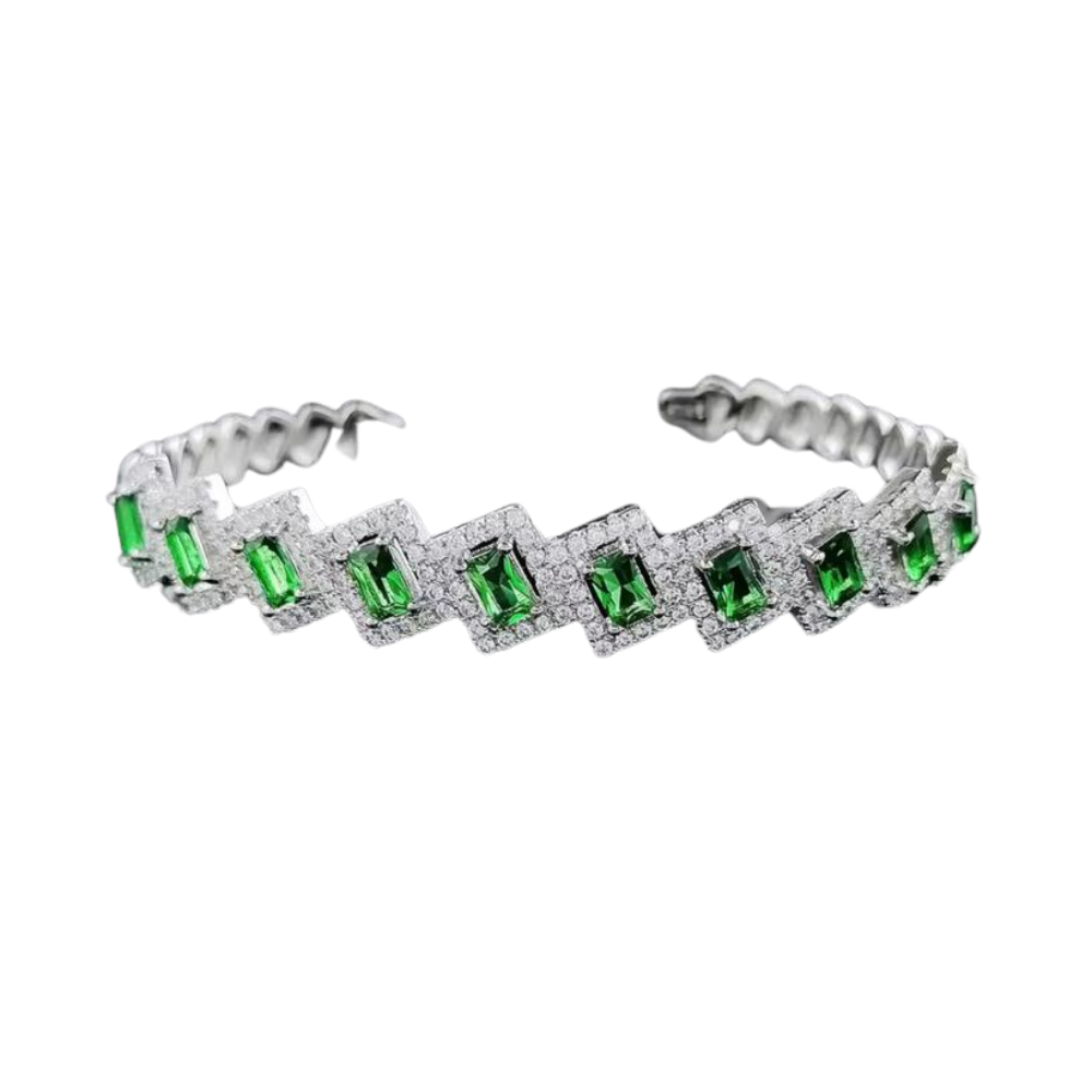 Adjustable Mayal Bangle in Green Silver Displayed over a white background.
