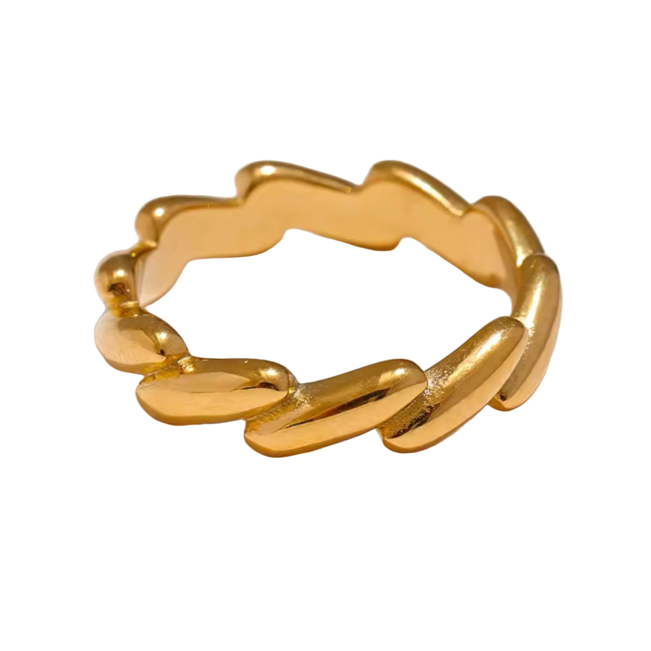 A gold-colored geometric-patterned stainless steel ring on a white background.