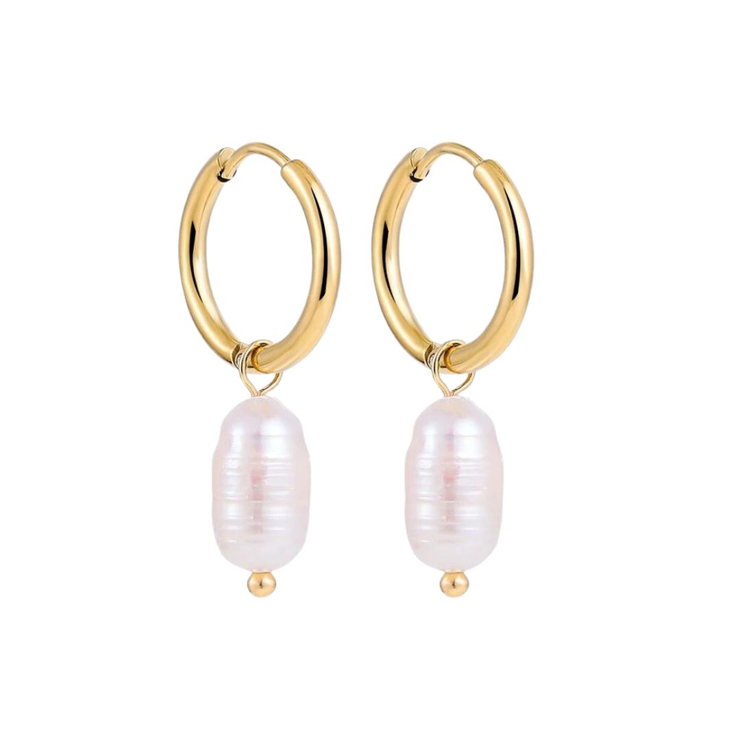 A pair of gold-colored stainless steel pearl drop earrings with a minimalist design.